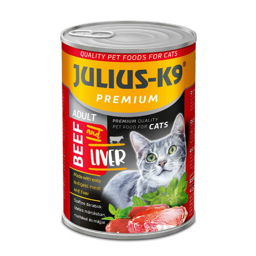 JULIUS - K9 macska - nedveseledel (marha-máj) felnőtt macskák részére (415g)