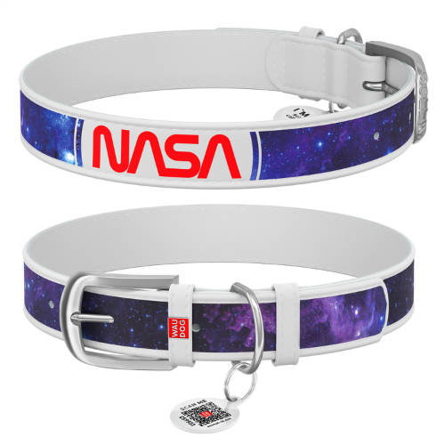 WAUDOG collar NASA21 - bőr nyakörv (QR kódos, NASA21 dizájn, fehér) kutyák részére (19-25cm/12mm) XXS-XS
