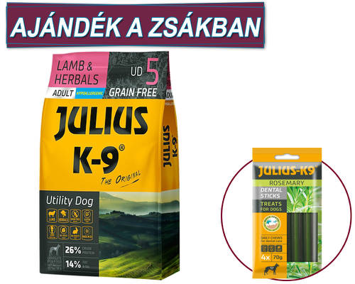 AKCIÓS Surprise Inside JULIUS K-9 10kg ADULT LAMB&HERBALS (UD5)