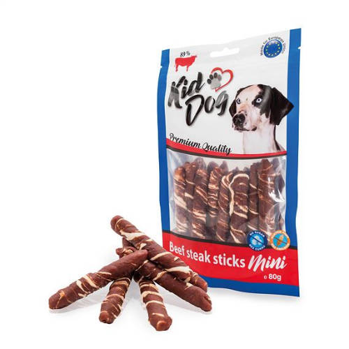 KidDog Beef steak sticks Mini - jutalomfalat (marhahús, nyersbőr) kutyák részére (7-8cm/80g)