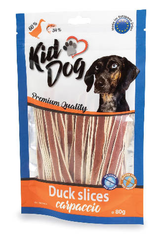 KidDog Duck slices carpaccio - jutalomfalat (kacsahús,tőkehal) kutyák részére (80g)