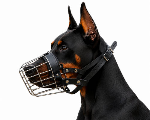 Szájkosár (fém, bőrszíjas) Dobermann kutyák részére (méret:Kau2) 10cm/7cm/28cm