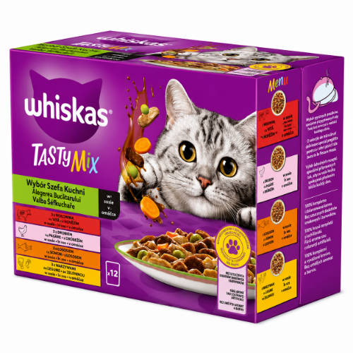 Whiskas TastyMix - Nedves eledel (marha,baromfi,zöldség,lazac,sárgarépa szószban) macskák részére (12x85g)