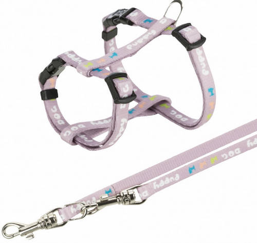 KT24: Trixie Junior Puppy H-Harness with Leash - hám és póráz szett (világos lila) 23-34cm/8mm, 2m