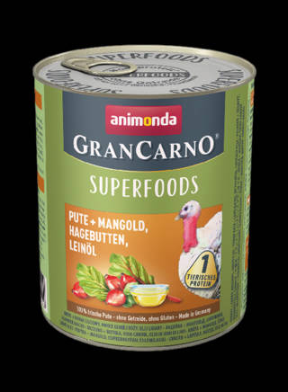 Animonda GranCarno Adult (superfood) konzerv - Felnőtt kutyák részére,  pulyka, mángold, csipkebogyó, lenmagolaj (800g)