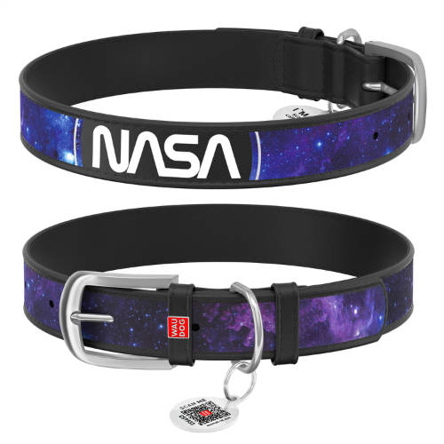 WAUDOG collar NASA21 - bőr nyakörv (QR kódos, NASA21 dizájn, fekete) kutyák részére (27-36cm/15mm) S