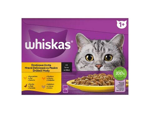 Whiskas Poultry feasts – Nedves eledel (csirke-, pulyka-, kacsa-, baromfi- szószban ) macskák részére (12x85g)