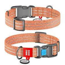 WAUDOG Re-cotton, Reflective Dog collar (M) - nyakörv, újrahasznosított pamutból (QR kódos, fényvisszaverő csíkkal, narancssárga) kutyák részére (28-40cm/20mm)