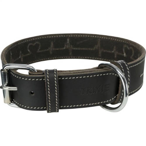 Trixie Greased Leather Collar - bőr nyakörv (fekete,szívritmus mintával) kutyák részére (M) 34-40cm/30mm