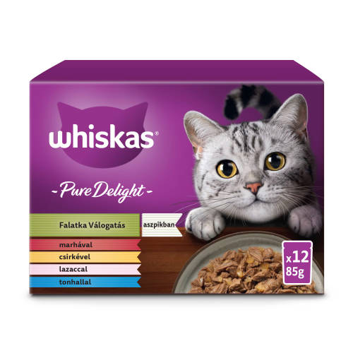 WHISKAS PURE DELIGHT  12x85g Alutasakos halas-húsos mix (tonhal,lazac,csirke,marha)