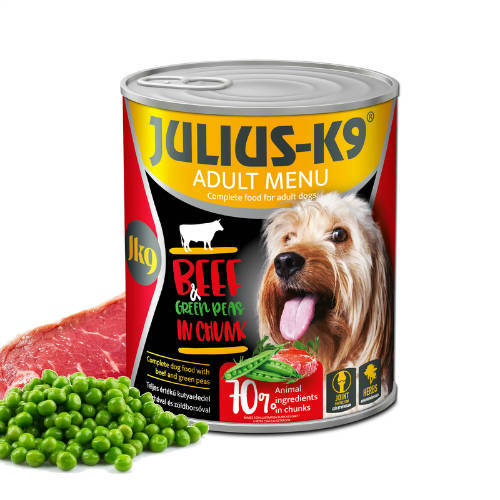 AKCIÓS Julius-K9 konzerv Adult - nedveseledel (marha,borsó) felnőtt kutyák részére (800g)(12db)