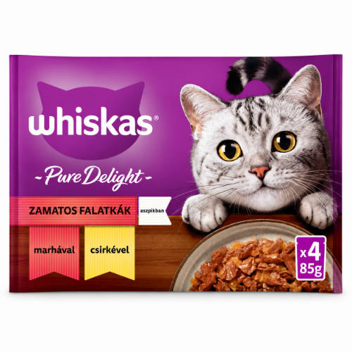Whiskas Pure Delight Adult 1+ – Nedves eledel (marha-,csirke-, aszpikban) macskák részére (4x85g)