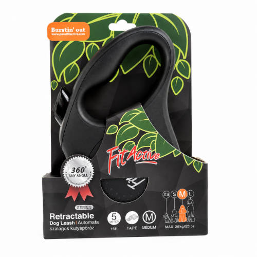 FitActive NEW Retractable Dog Leash - automata szalagos póráz (fekete) kutyák részére (M) 5 méter