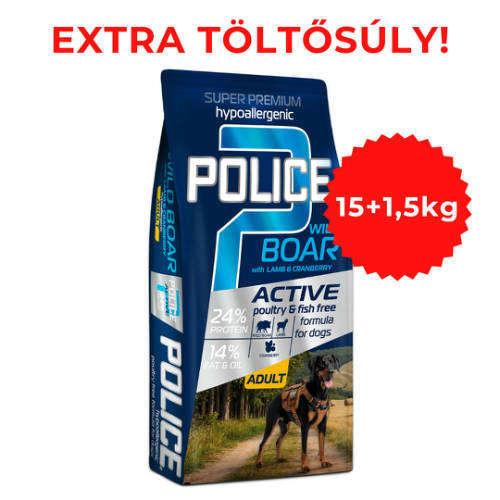 Raklapos POLICE ADULT Hypoallergenic WildBoar with Lamb&Cranberry (vaddisznó, bárány, vörösáfonya) - TÚLTÖLTÖTT KISZERELÉS! (15 + 1,5 kg)