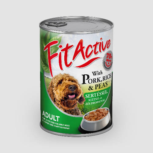 FitActive konzerv Adult - nedveseledel (sertés+rizs&borsó) felnőtt kutyák részére (1250g)