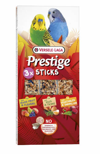 Versele Laga Prestige Sticks Tripla Rúd (gyümölcs,zöldség,virág,kakukkfű,tojás) - kiegészítő eleség hullámos papagájok részére (3db/90g)