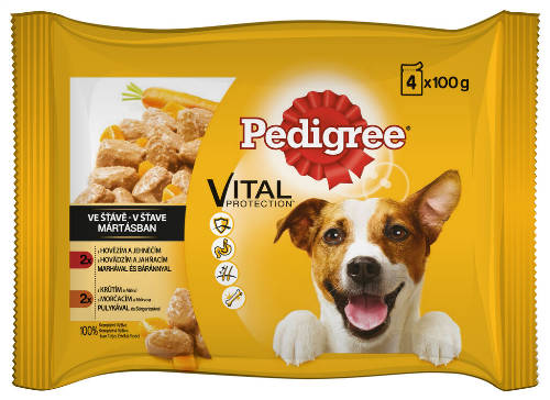Pedigree Vital Adult - Nedves eledel (marha-bárány, pulyka-sárgarépa mártásban) kutyák részére (4x100g) 13db/#