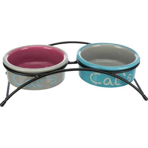 Trixie Bowl Set - kerámia tál (színes,mintás) fém állványban macskák részére (2x0,3l /Ø12cm)